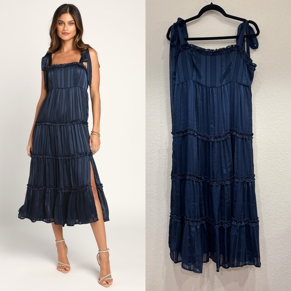 Sz L NWOT Lulus Day‎ for Romance Navy Blue Tie-Strap Tiered Midi Dress - Picture 1 of 9